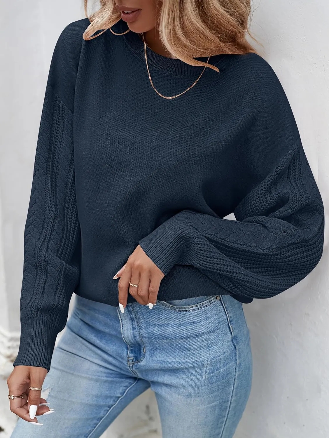 ZESICA Women's Fall Long Sleeve Crew Neck Solid Color Cable Knit Chunky Casual Oversized Pullover Sweater Tops