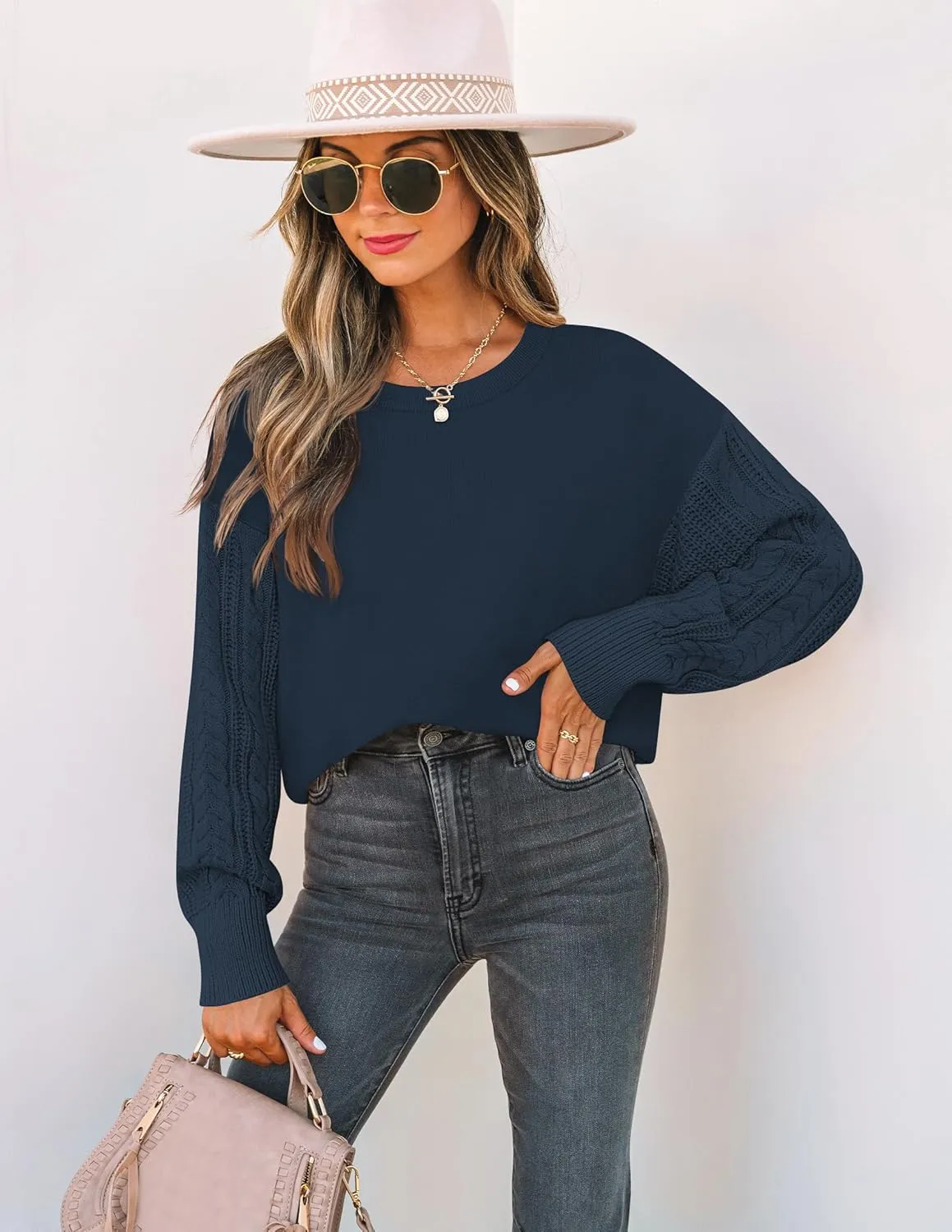 ZESICA Women's Fall Long Sleeve Crew Neck Solid Color Cable Knit Chunky Casual Oversized Pullover Sweater Tops