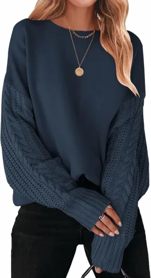 ZESICA Women's Fall Long Sleeve Crew Neck Solid Color Cable Knit Chunky Casual Oversized Pullover Sweater Tops
